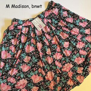 Medium Lularoe Madison full skirt, black and white stripes, pink flowers